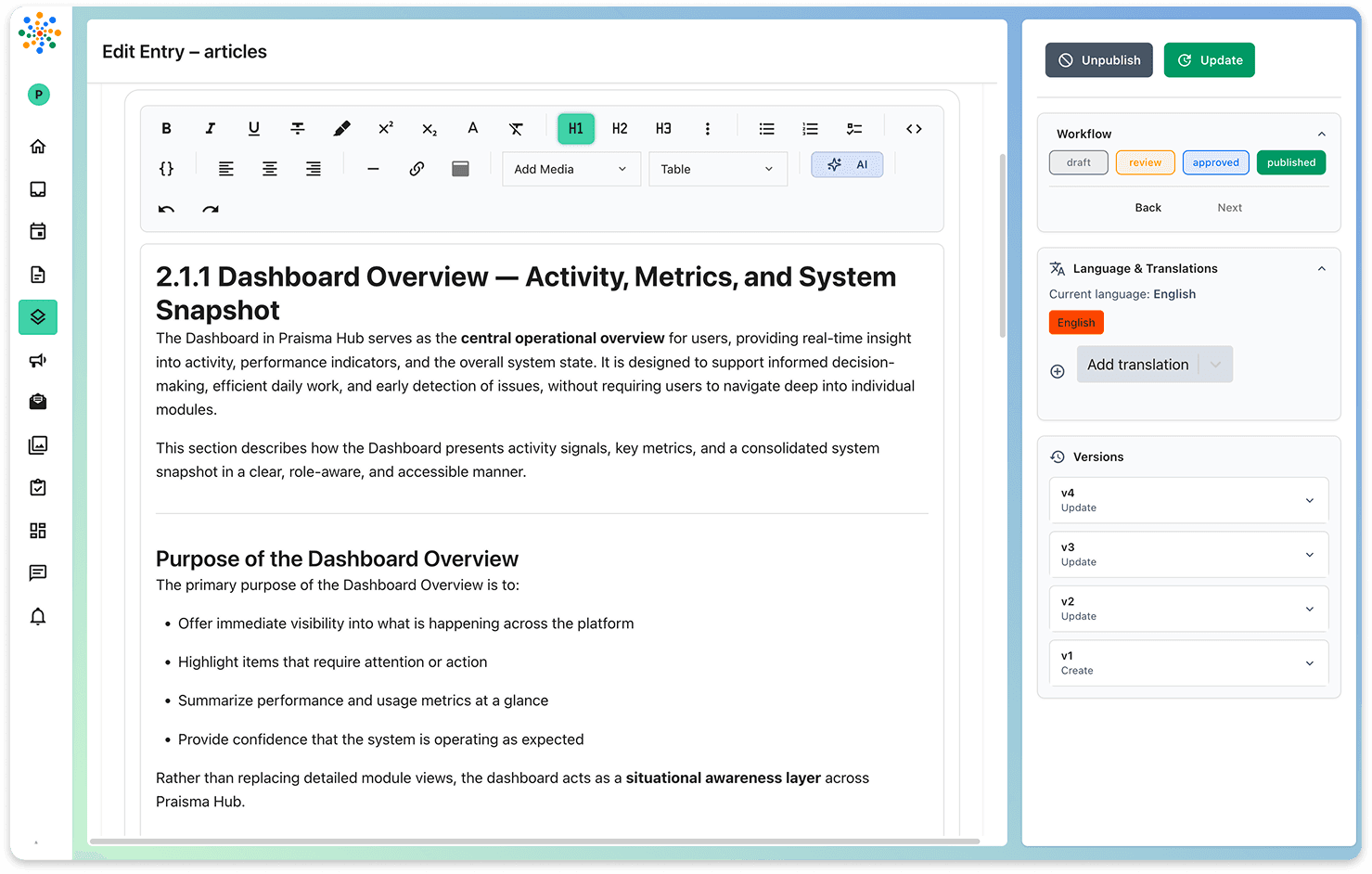 Headless CMS dashboard