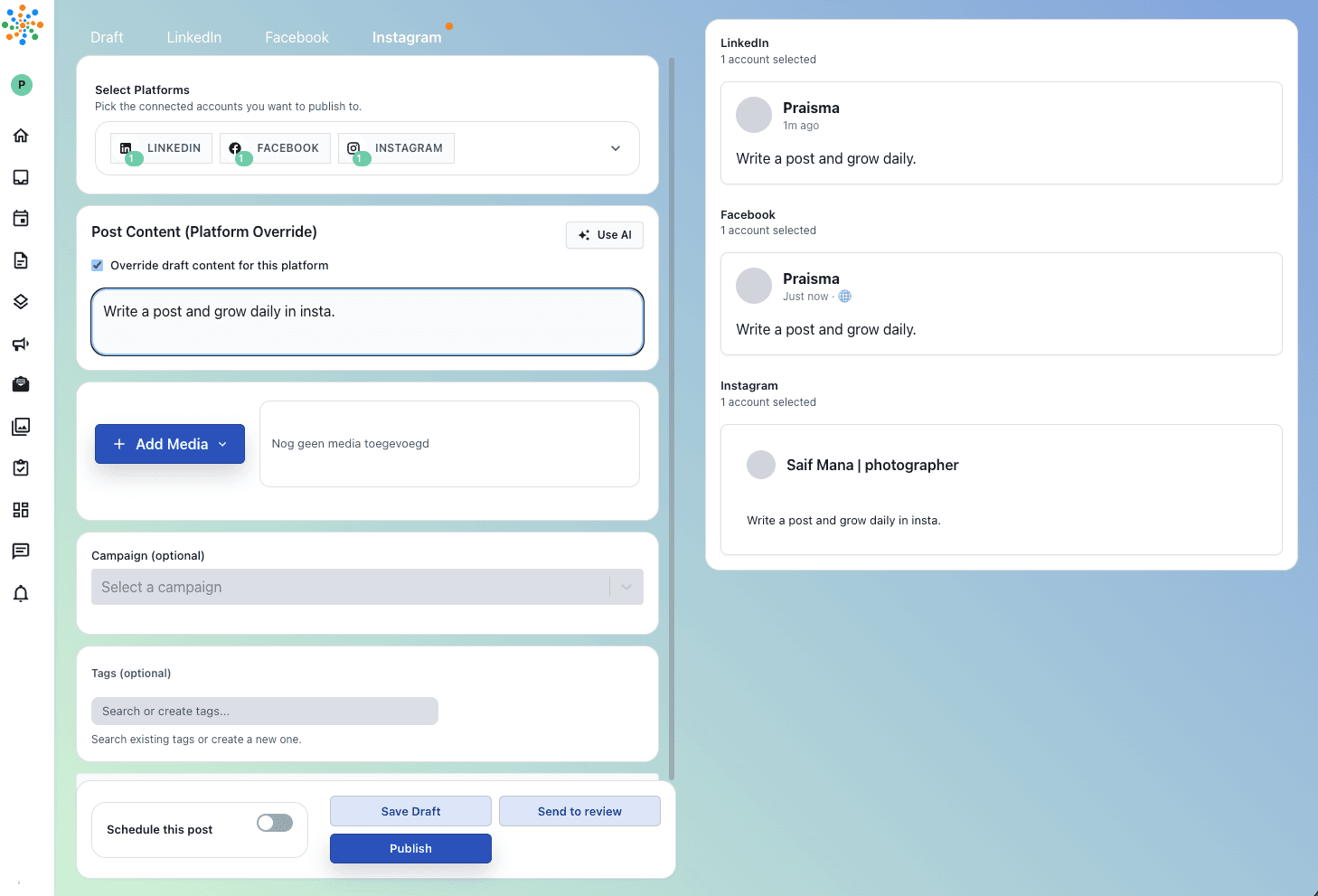 Social media publishing calendar